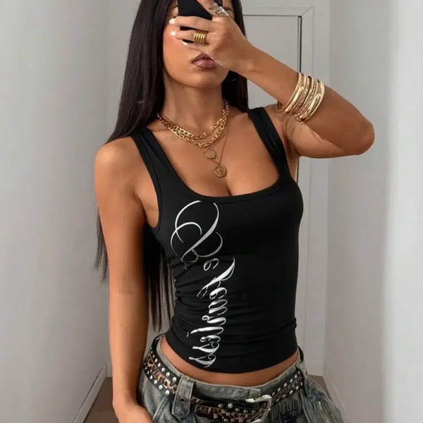 [BUNJANG] Lettering Sleeveless Tank Top - Black / 레터링 슬리브리스 나시 블랙