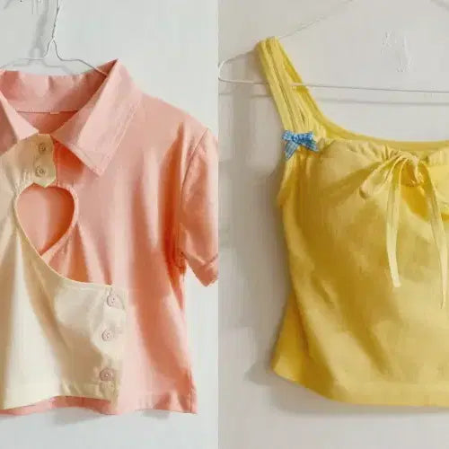 [BUNJANG] Color Block Crop T-Shirt & Ribbon Sleeveless Top Set / 크롭 티셔츠 배색카라 / 리본 민소매 나시