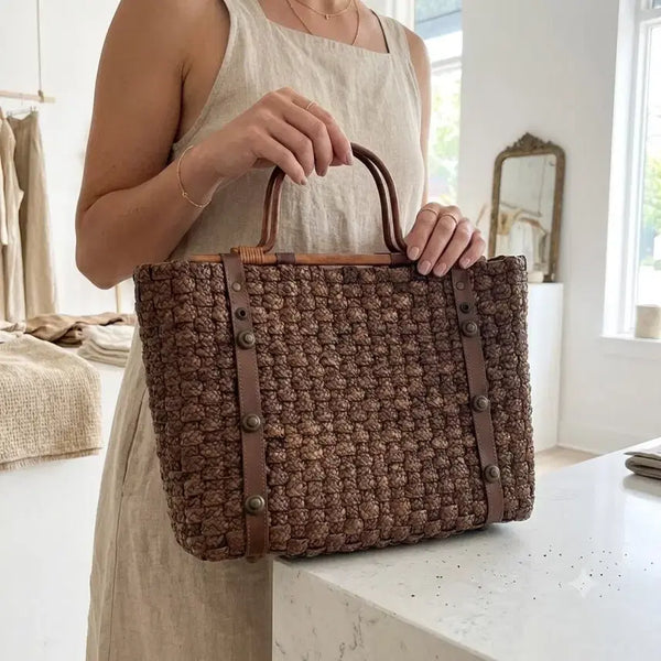 [BUNJANG] Vintage Large Rattan Tote Bag with Wood Handle, Bohemian Picnic Bag / 빈티지 라탄 토트백 대형 | 우드 핸들 | 보부상백 피크닉백