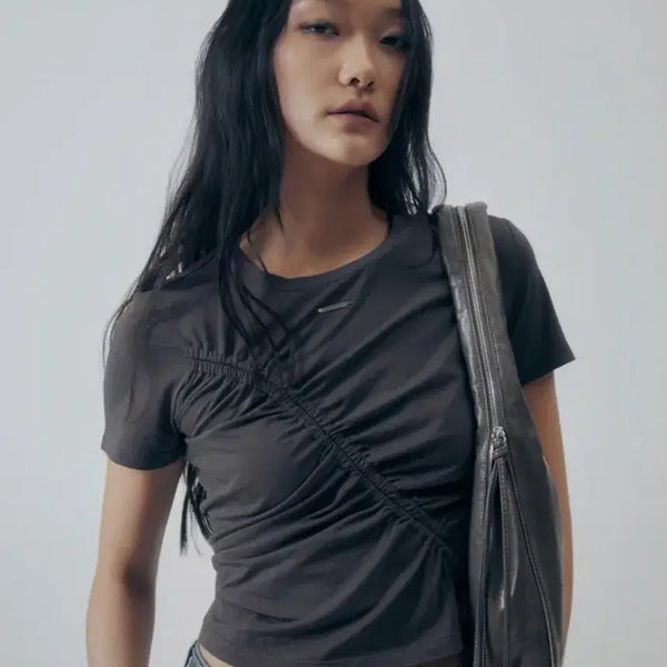 [BUNJANG] trimmingbird Shirring Wave Detail Cropped T-shirt / 트리밍버드 셔링 웨이브 디테일 크롭티 반팔