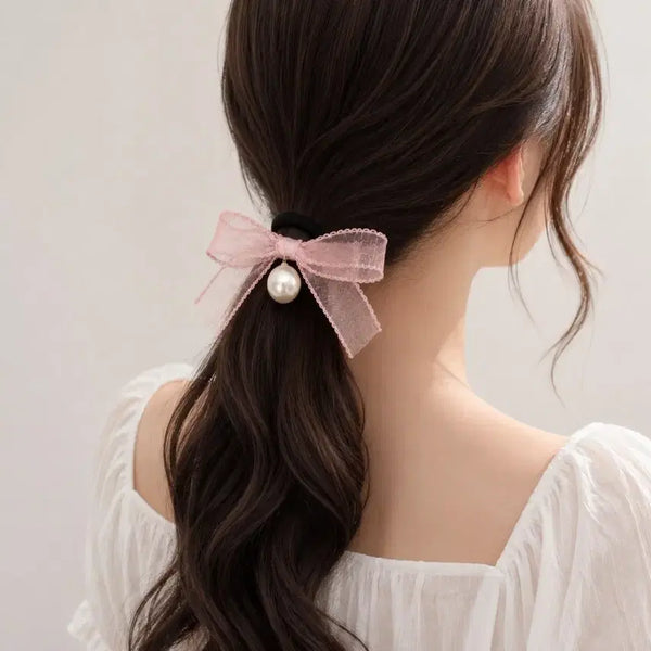 [BUNJANG] Romantic Organza Ribbon Pearl Hair Tie (3 Colors) / [새상품] 로맨틱 오간자 리본 진주 머리끈 3color