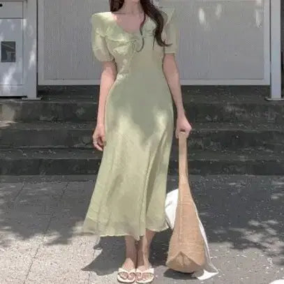 [BUNJANG] Mint Ruffle Short-Sleeve Long Dress / 민트색 프릴 반팔 롱원피스 새거