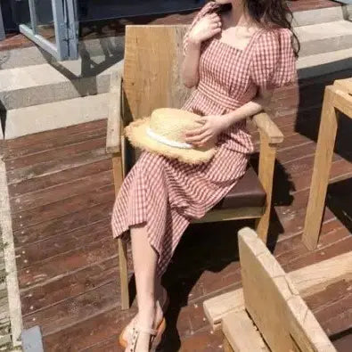 [BUNJANG] Check Pattern Puff Sleeve Long Dress / 체크 패턴 퍼프 소매 롱 원피스새거
