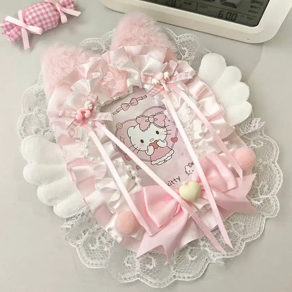 [BUNJANG] Handmade Angel Wing Cat Ribbon Lace Top Loader Photocard Holder / 리본 레이스 탑꾸 포카홀더 탑로더 별 수제 천사 날개 고양이 핑크 분홍