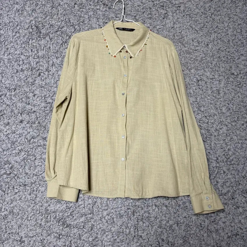 [BUNJANG] Zara Linen Blend Shirt with Beaded Collar / 자라  비즈 카라 린넨 셔츠, 블라우스