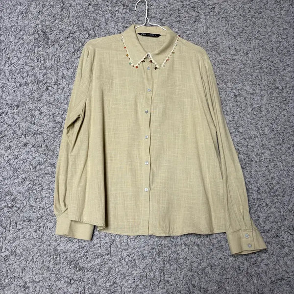 [BUNJANG] Zara Linen Blend Shirt with Beaded Collar / 자라  비즈 카라 린넨 셔츠, 블라우스