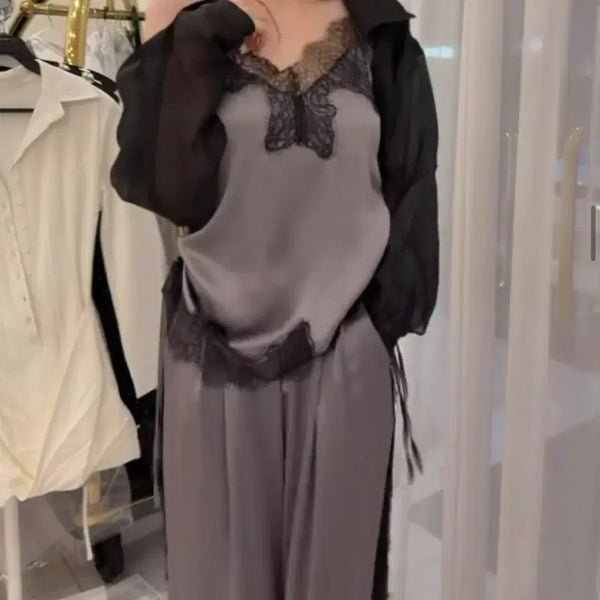 [BUNJANG] Jeiji Showroom Charcoal Lace Satin Sleep Set / 제이지쇼룸 차콜 레이스 새틴 슬리브 세트