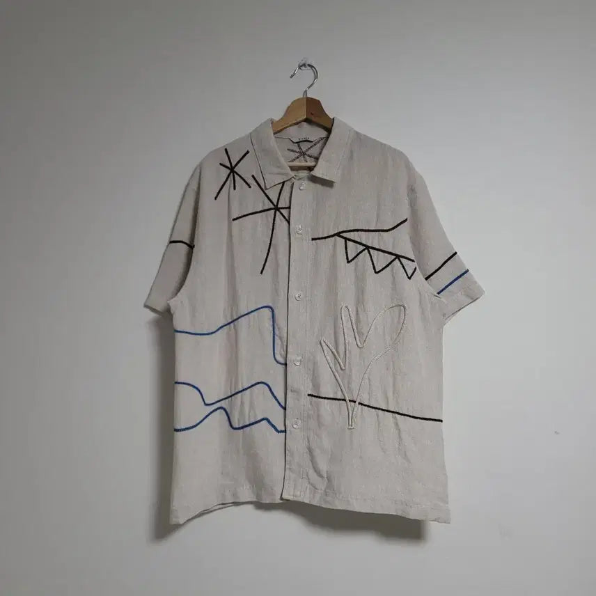 [BUNJANG] TIME HOMME Linen Blend Embroidered Open Collar Half Shirt / (100)TIME 타임 옴므 린넨 블렌드 자수 오픈 카라 하프 셔츠