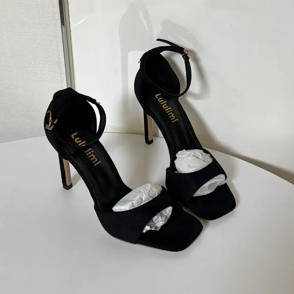 [BUNJANG] Black Suede 10cm Stiletto High Heels Sandals (Size 225) / @새상품 225사이즈 10cm 블랙 스웨이드 스트랩 킬힐 하이힐 샌들