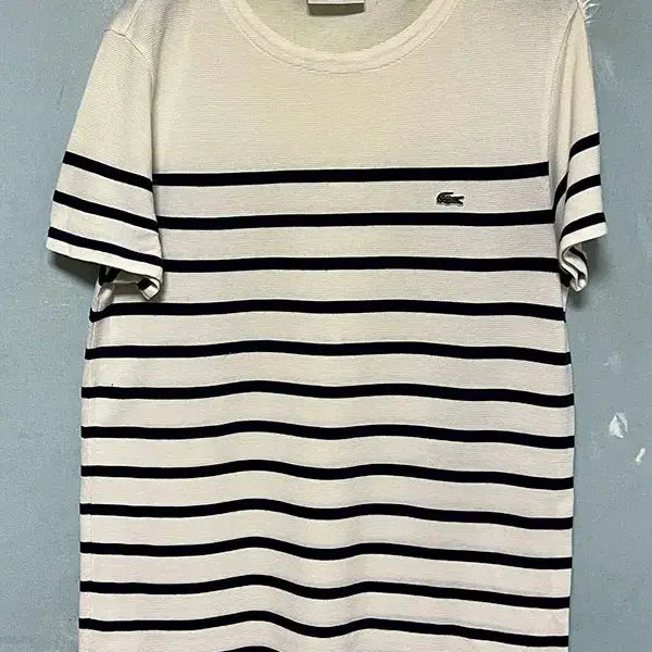 [BUNJANG] Lacoste Men's Striped Color-Block Waffle Knit Short Sleeve T-Shirt / Lacoste 라코스테 넥 배색 스트라이프 남자 반팔티셔츠 와플 M 95