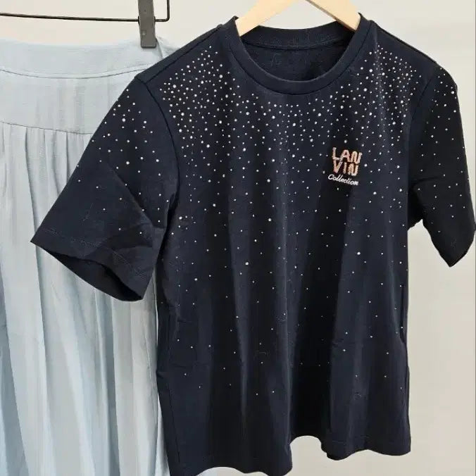 [BUNJANG] Lang/Bang Crystal Beading Logo Half Sleeve Top / (@땡처리)랑/방 크리스탈 비딩 로고 하프 슬리브 탑