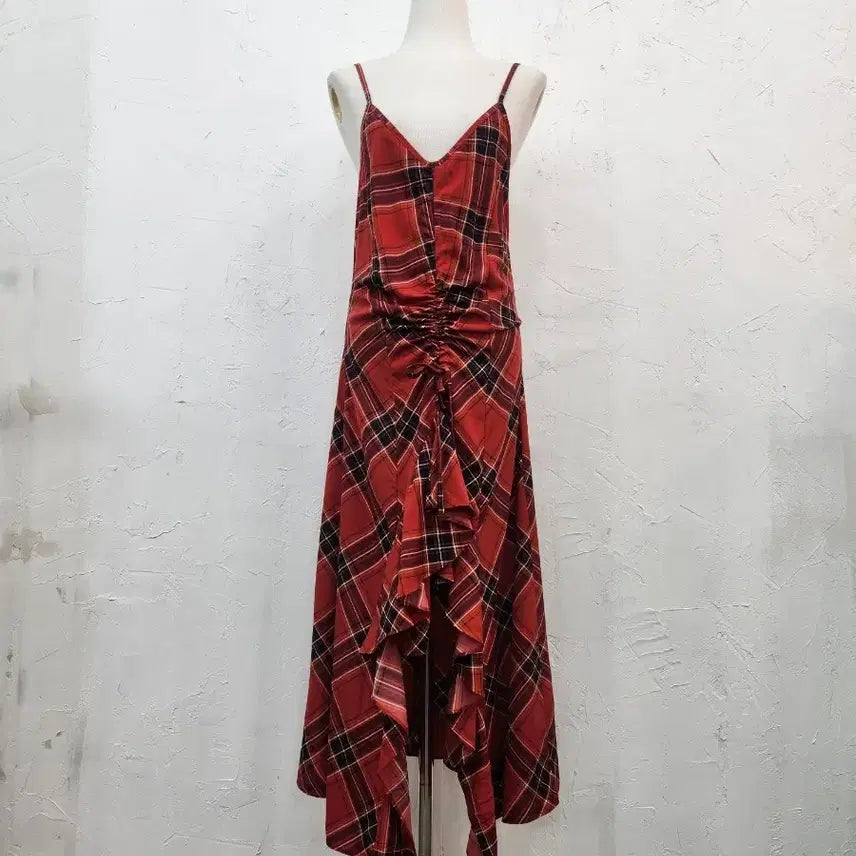 [BUNJANG] Red Tartan Check Shirring Long Dress / 레드 타탄 체크 셔링 원피스