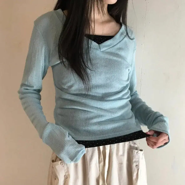 [BUNJANG] Deep V-Neck Ribbed See-Through Long Sleeve T-Shirt / 새상품) 에이블리 지그재그 딥 브이넥 골지 시스루 긴팔 티셔츠