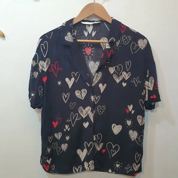 [BUNJANG] Zara Viscose Heart Pattern Short Sleeve Shirt / zara 비스코스 하트 패턴 반팔 셔츠