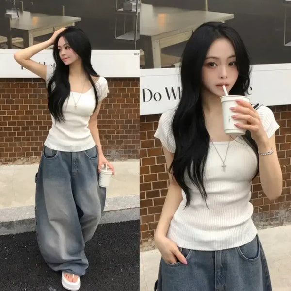 [BUNJANG] Andmore Deep V-Neck Ribbed Short-Sleeve Knit Pink / 에이블리 앤드모어 딥브이넥 골지 반팔니트 핑크