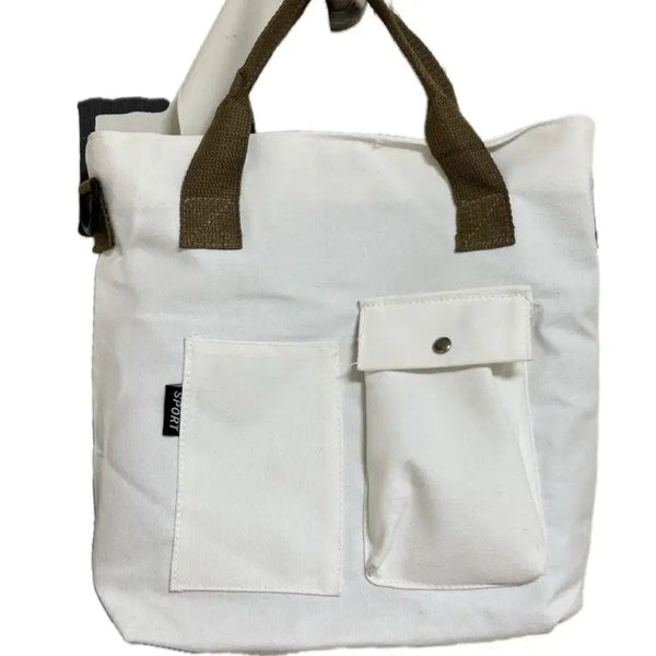 [BUNJANG] White Canvas Tote Bag with Brown Strap / 새상품 캔버스백 토트백 가방 흰색 화이트