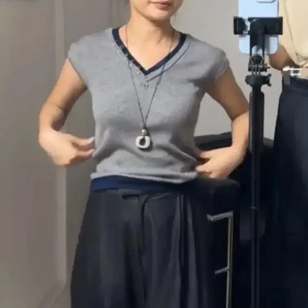 [BUNJANG] Summer V-Neck Color-Block Knit / 여름 브이넥 배색 니트