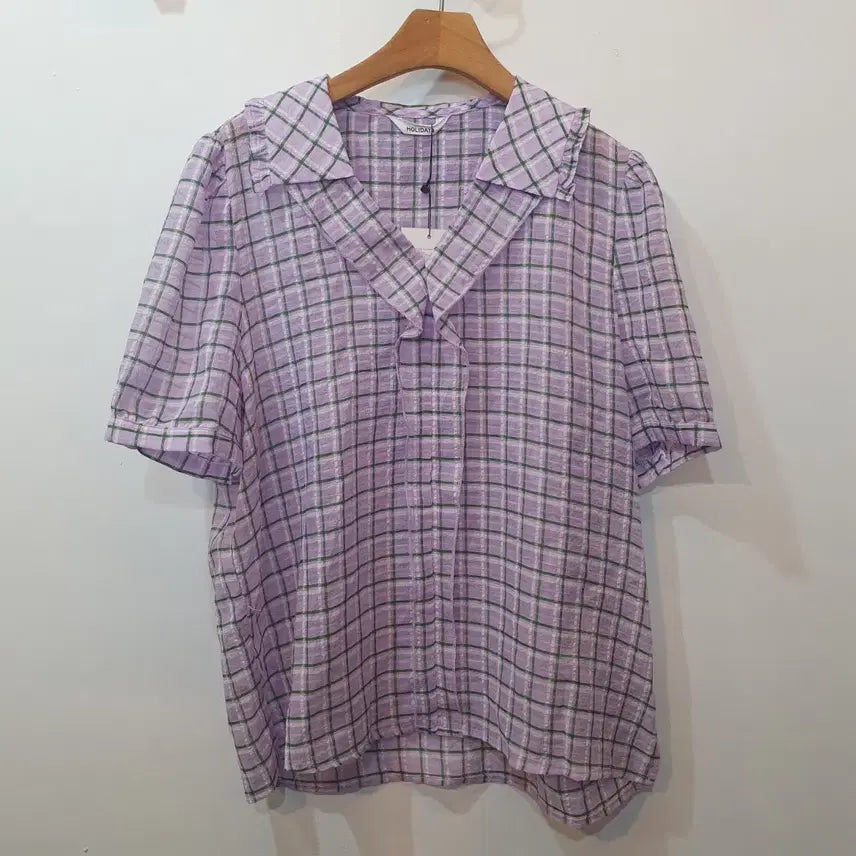 [BUNJANG] Purple Green Check Collar Blouse / 퍼플 그린 체크 카라 블라우스