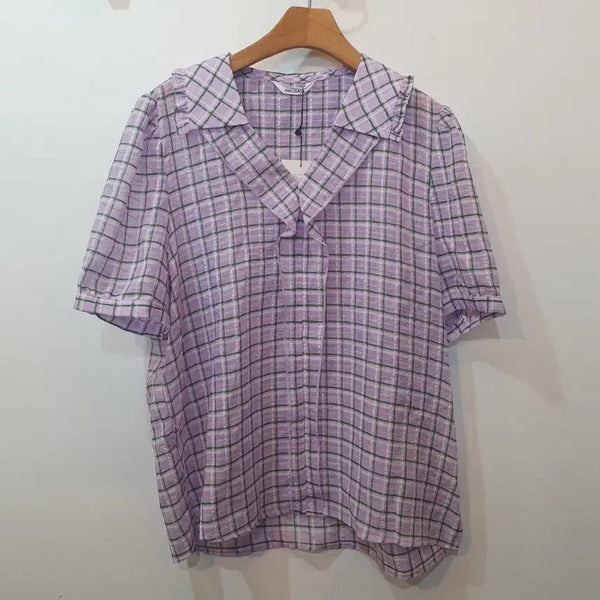 [BUNJANG] Purple Green Check Collar Blouse / 퍼플 그린 체크 카라 블라우스