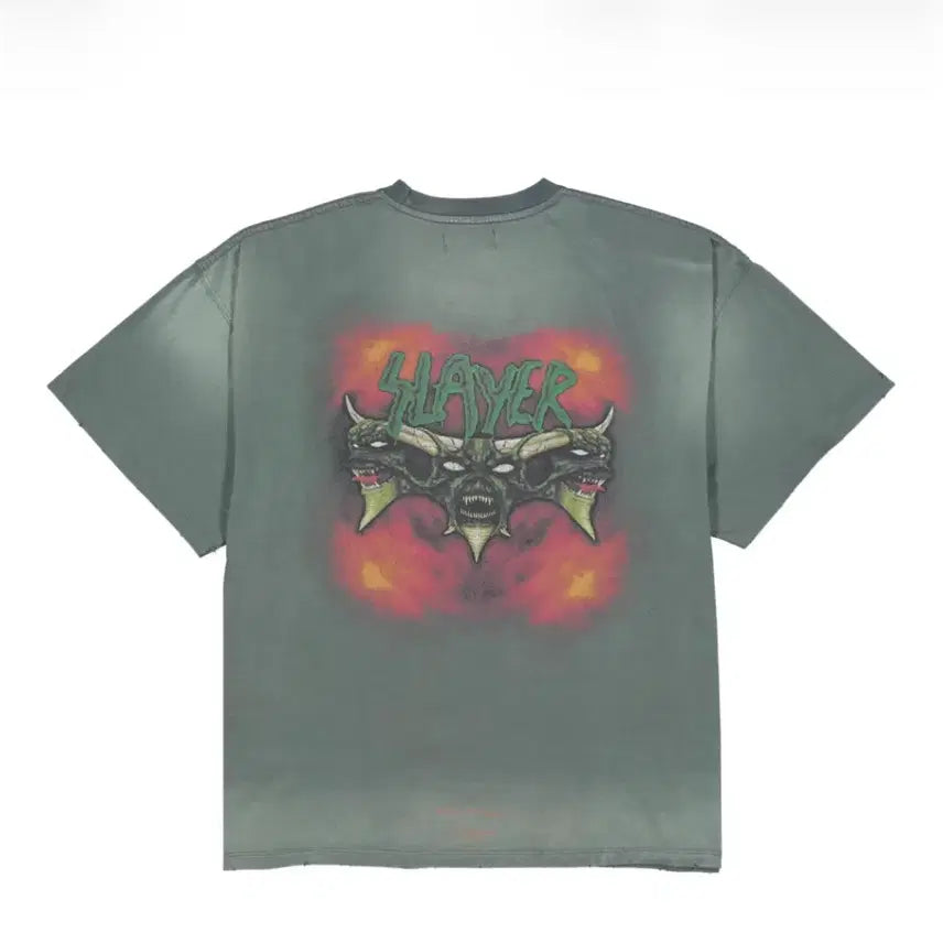 [BUNJANG] SLAYER Undermycar Demon Heads In Flames Vintage Washed T-Shirt Khaki / [1] 슬레이어 언더마이카 데몬 헤즈 인 플레임즈 빈티지 워시드 티셔츠