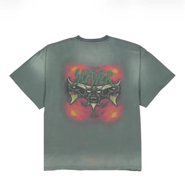 [BUNJANG] SLAYER Undermycar Demon Heads In Flames Vintage Washed T-Shirt Khaki / [1] 슬레이어 언더마이카 데몬 헤즈 인 플레임즈 빈티지 워시드 티셔츠