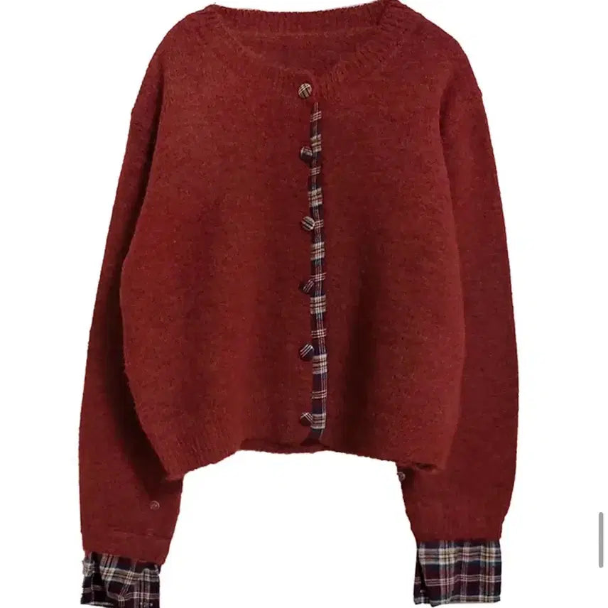 [BUNJANG] Checkered Colorblock V-Neck Knit Cardigan / 체크 배색 브이넥 니트 가디건