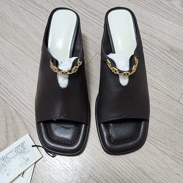 [BUNJANG] TIME Emblem Chain Mule Heel Slides (Dark Brown, Size 245) / [245] 한섬 타임 엠블럼 체인 뮬 힐 슬라이드. 새상품