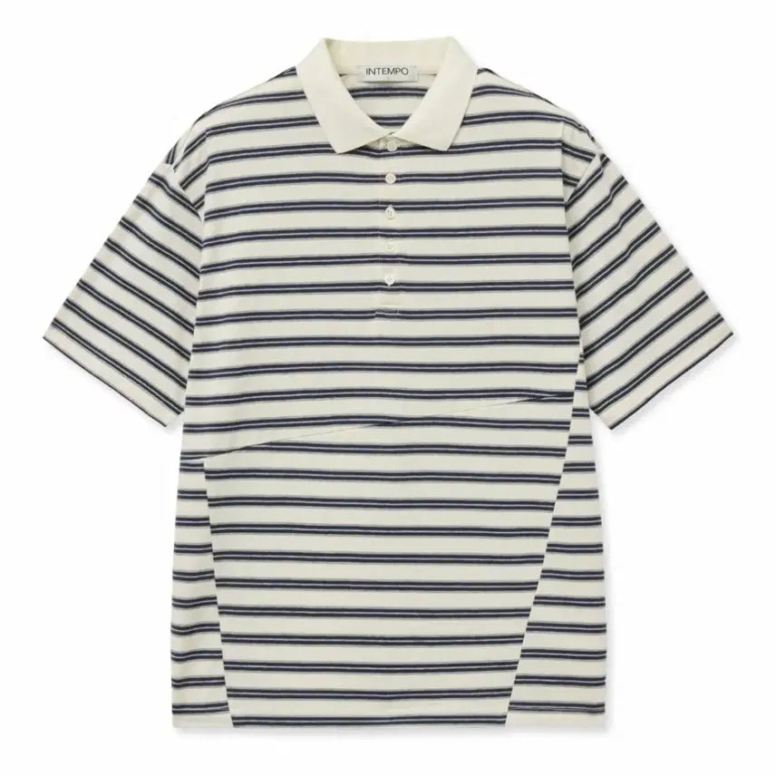 [BUNJANG] Intempo Mood Glitch Stripe Collar Short Sleeve T-shirt (Ivory, L) / 인템포무드 글리치 스트라이프 카라 반팔 티 (L) 아이보리