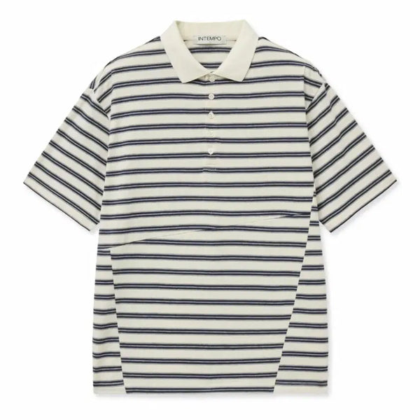 [BUNJANG] Intempo Mood Glitch Stripe Collar Short Sleeve T-shirt (Ivory, L) / 인템포무드 글리치 스트라이프 카라 반팔 티 (L) 아이보리