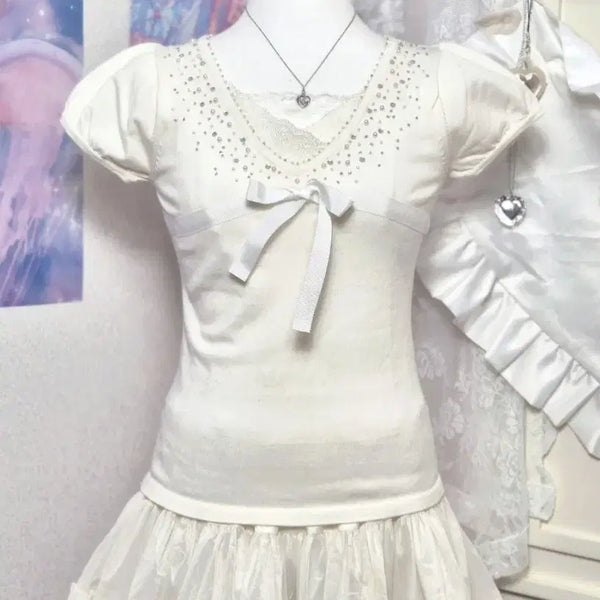 [BUNJANG] White Ribbon Puff Sleeve Top / 큐빅 화이트 리본 퍼프 로걀탑 히메갸루 달천깔 대대장 리즈리사깔