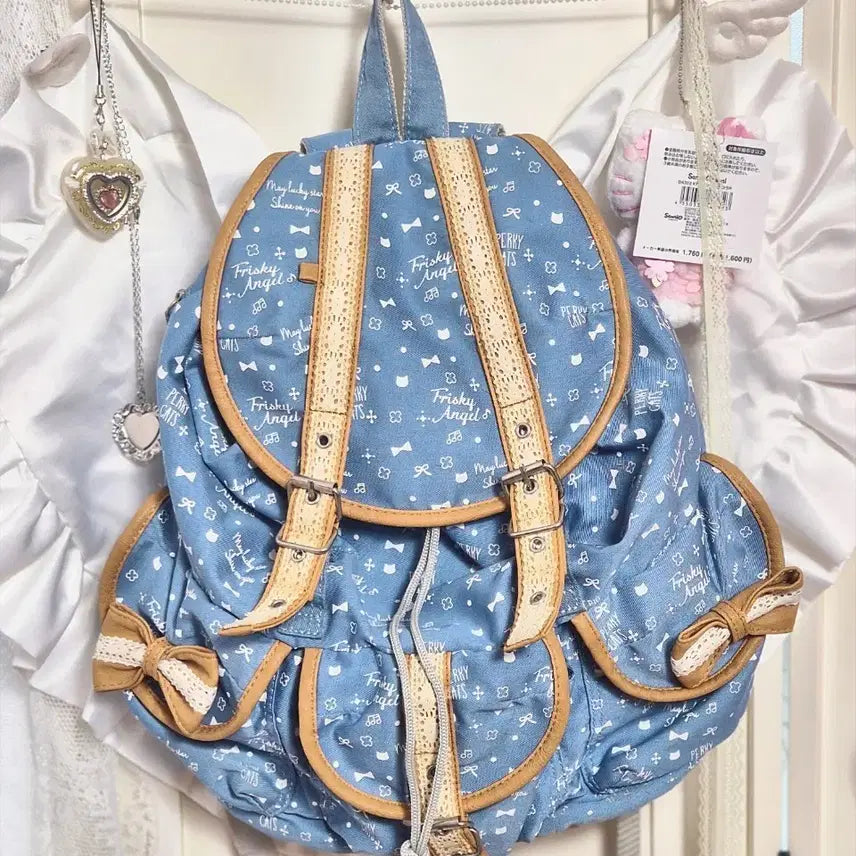 [BUNJANG] Mori Girl Ribbon Cat Pattern Lace Backpack / 모리걸 리본 고양이 패턴 레이스 배낭 라떼갸루 헤이세이 y2k 데님 백팩