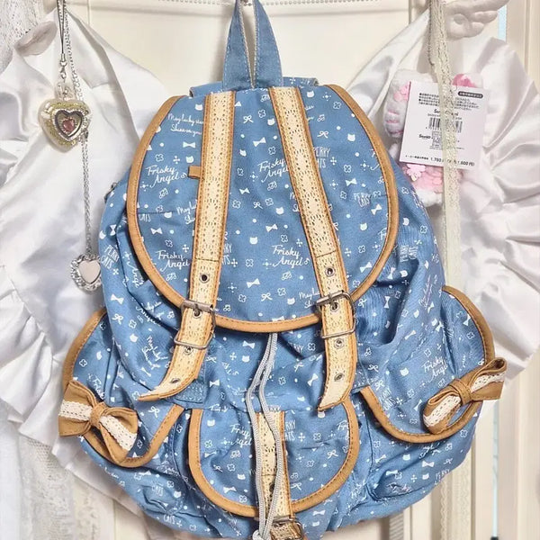 [BUNJANG] Mori Girl Ribbon Cat Pattern Lace Backpack / 모리걸 리본 고양이 패턴 레이스 배낭 라떼갸루 헤이세이 y2k 데님 백팩