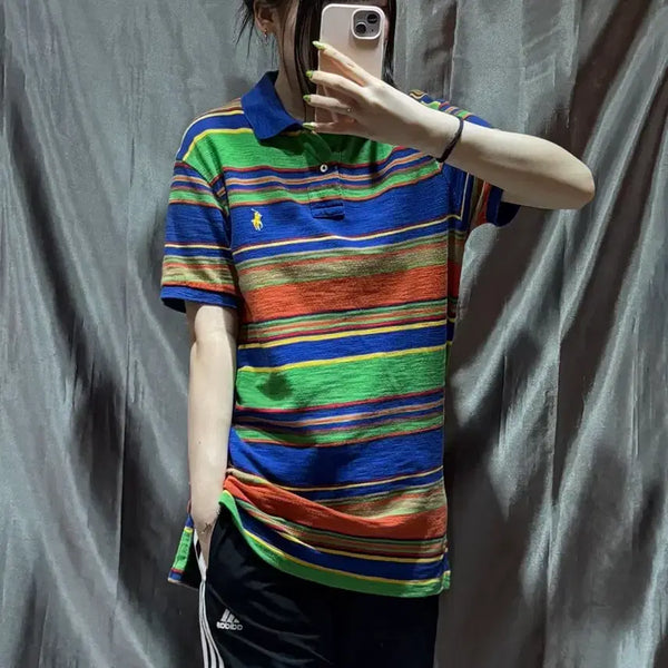 [BUNJANG] Polo Ralph Lauren Custom Fit Multi-color Stripe PK Short Sleeve T-Shirt M / M 폴로랄프로렌 커스텀핏 멀티컬러 스트라이프 PK 반팔