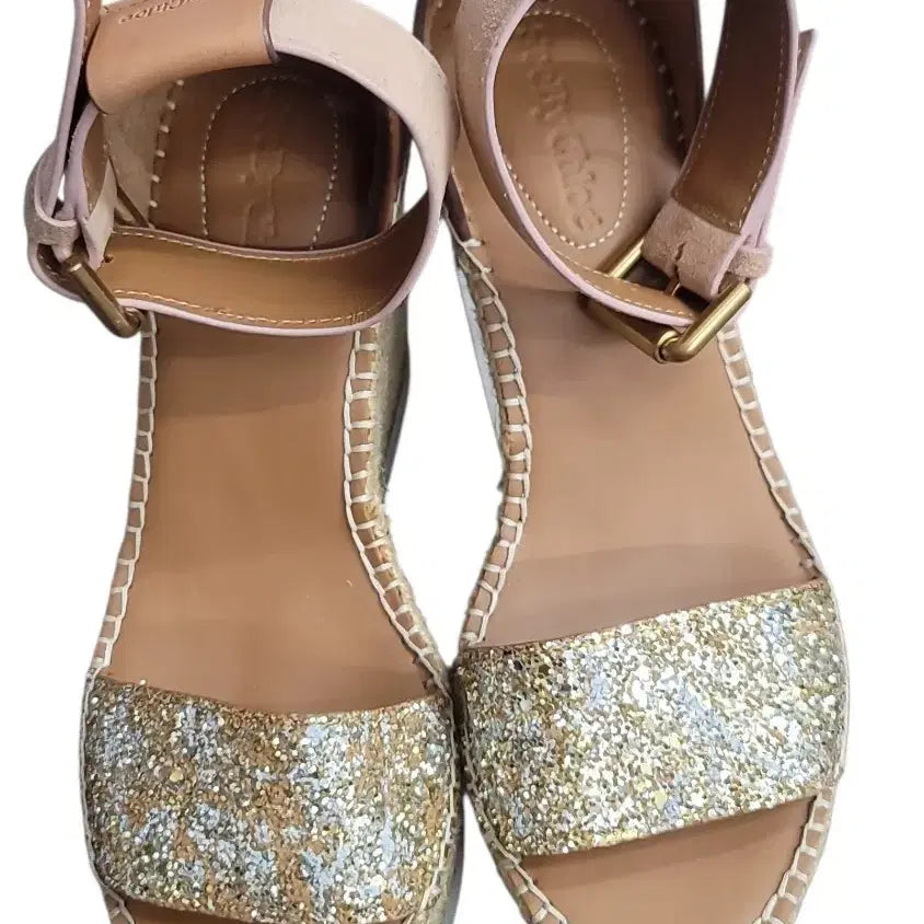 [BUNJANG] See by Chloé Glitter Strap Wedge Espadrille Sandals / 시 바이 끌로에 샌들 글리터 스트랩 웨지힐 230