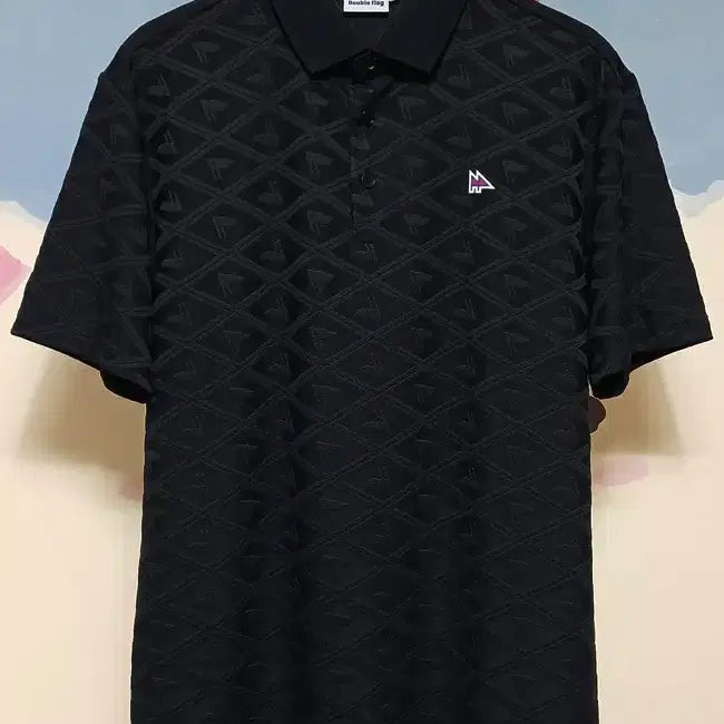[BUNJANG] Double Flag Golf Pattern Functional Collar Short Sleeve T-Shirt - Black / (M) 더블플래그 골프 패턴 기능성 카라 반팔티