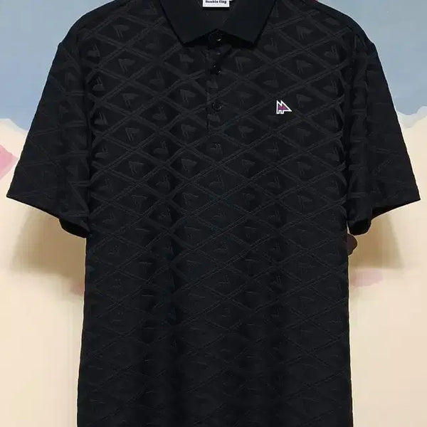 [BUNJANG] Double Flag Golf Pattern Functional Collar Short Sleeve T-Shirt - Black / (M) 더블플래그 골프 패턴 기능성 카라 반팔티
