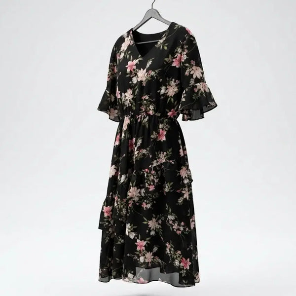 [BUNJANG] Floral Short Sleeve Long Dress - Women's Size S / 여성S/ 플로럴 반팔 롱 원피스