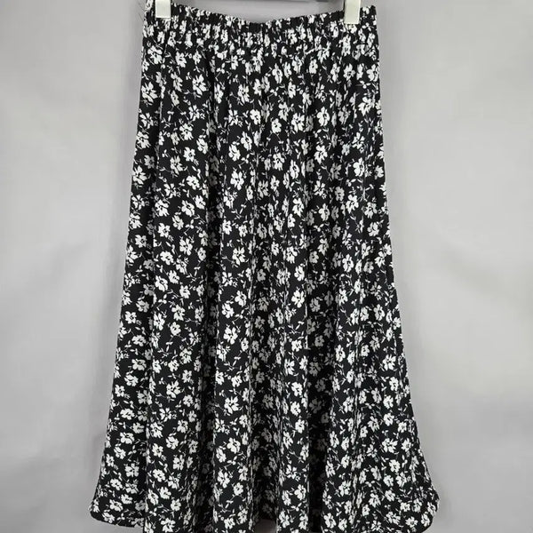 [BUNJANG] Women's Banding Thin Chiffon Flower Flare Long Skirt - Black / [무료배송]여성 F 밴딩 얇은 쉬폰 플라워 플레어 롱 스커트 치마 블랙