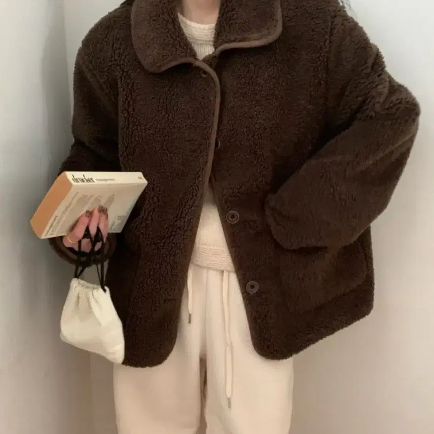 [BUNJANG] COMEHERE Brown Faux Fur Shearling Jacket / 컴히얼 무스탕 퍼 자켓 브라운