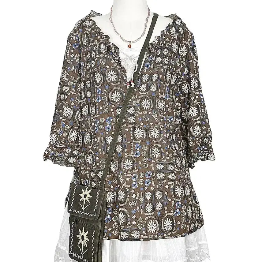 [BUNJANG] Vintage Linen Blend Shirring Neck Blouse - Brown / 일본빈티지 셔링넥끈꽃에스닉아사면린넨셔츠티브라운 모리걸하구미룩갸루y2k히피