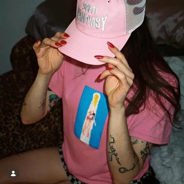 [BUNJANG] SCI-FI FANTASY Pink Flame Mesh Trucker Cap / SCI-FI FANTASY 바이커 로고 핑크 플레임 메쉬 트러커 캡