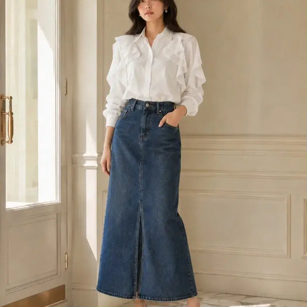 [BUNJANG] Dint Frill Blouse & Fever Jeans Unique Wrap Long Denim / 딘트 프릴 블라우스. fever jeans 유니크 랩 롱데님