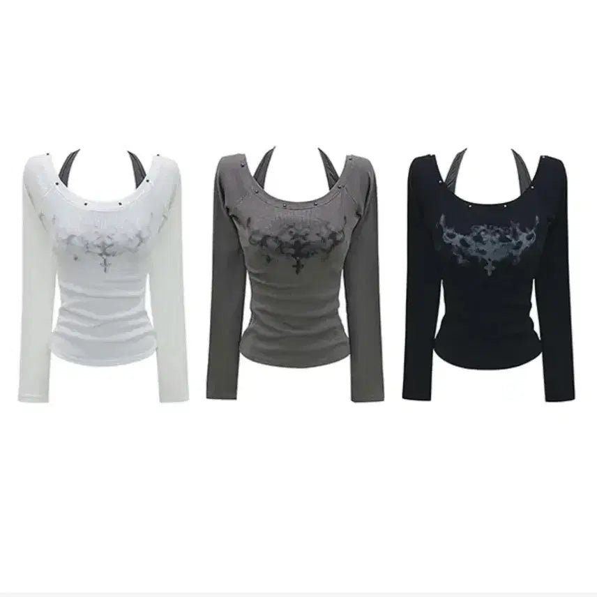 [BUNJANG] Roba Slim Fit Ribbed Eyelet Stud Printing Integrated Layered Halterneck T-Shirt / 에이블리로바 슬림핏 골지 아일렛 스터드 프린팅 일체형 레이어드 홀터넥 세