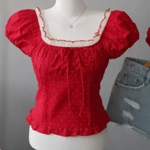 [BUNJANG] Puff Sleeve Ruffle Square Neck Polka Dot Blouse / 퍼프 반팔 프릴 스퀘어넥 도트 블라우스 새거