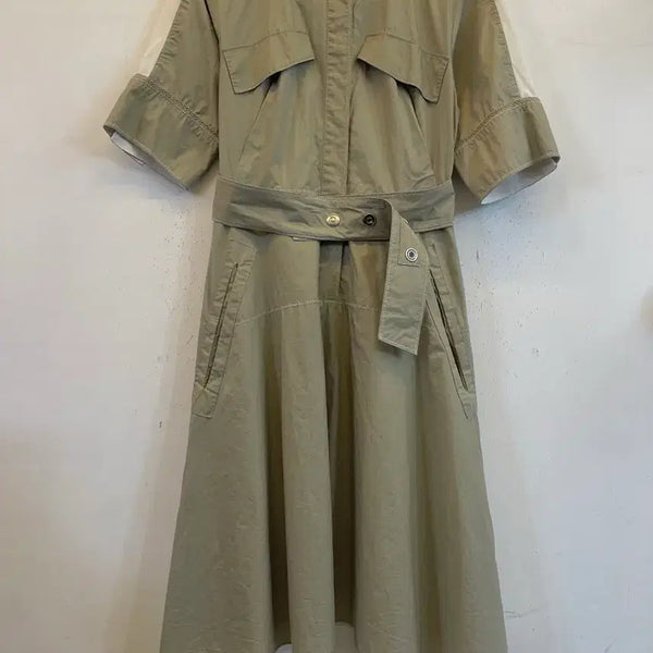 [BUNJANG] MICHAA Belted Flare Short-Sleeve Dress - Light Khaki Cotton / 미샤 연카키 벨티드 벨트 플레어 반팔원피스:) 하객룩오피스룩출근룩데이트룩