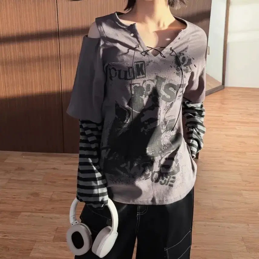 [BUNJANG] Bancelle Pleated Long Skirt & Oversized Punk Vintage Long Sleeve T-Shirt / 반셀 플리츠 롱스커트(블랙, 차콜), 오버핏 펑크 빈티지룩 레이어드 긴팔
