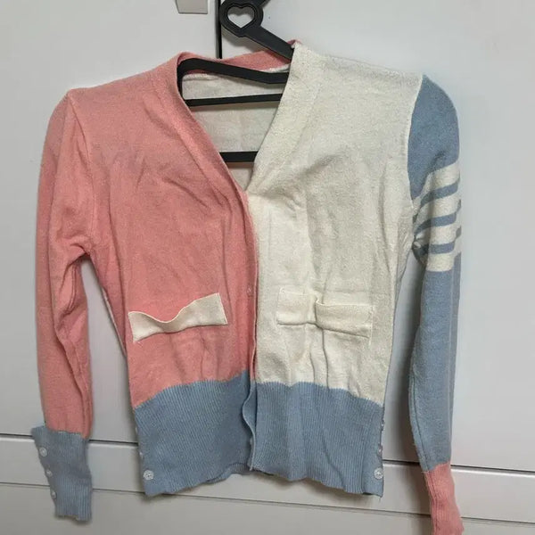 [BUNJANG] Stripe Pattern Pastel Color Block V-Neck Cardigan / 수입의류 사선 파스텔 배색 브이넥 가디건