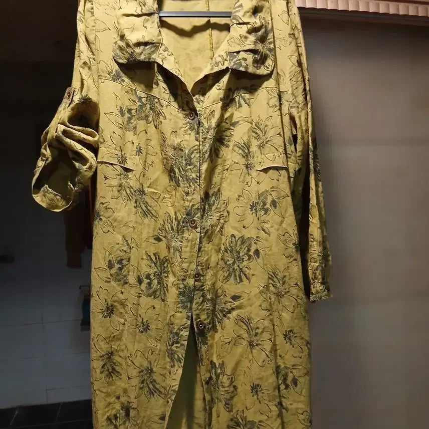 [BUNJANG] Khaki Floral Print Linen Long Shirt Jacket / 카키색 꽃무늬 천연 마롱 셔츠