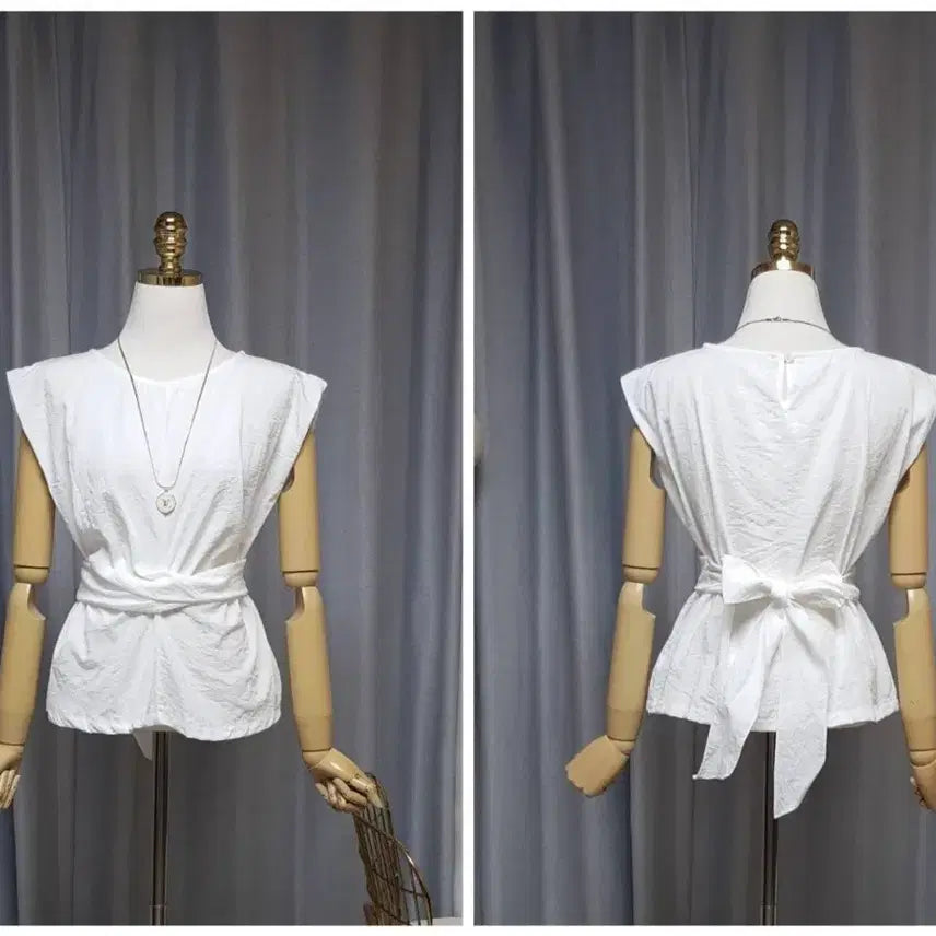 [BUNJANG] Linen Cap Sleeve Blouse with Waist Tie / 고퀄 캡소매 허리끈 블라우스 새상품(66반까지/원단좋아요)