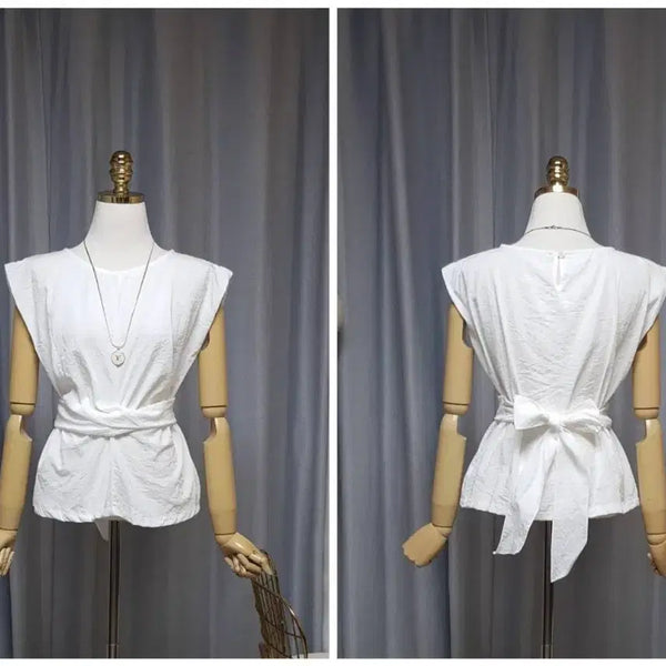 [BUNJANG] Linen Cap Sleeve Blouse with Waist Tie / 고퀄 캡소매 허리끈 블라우스 새상품(66반까지/원단좋아요)
